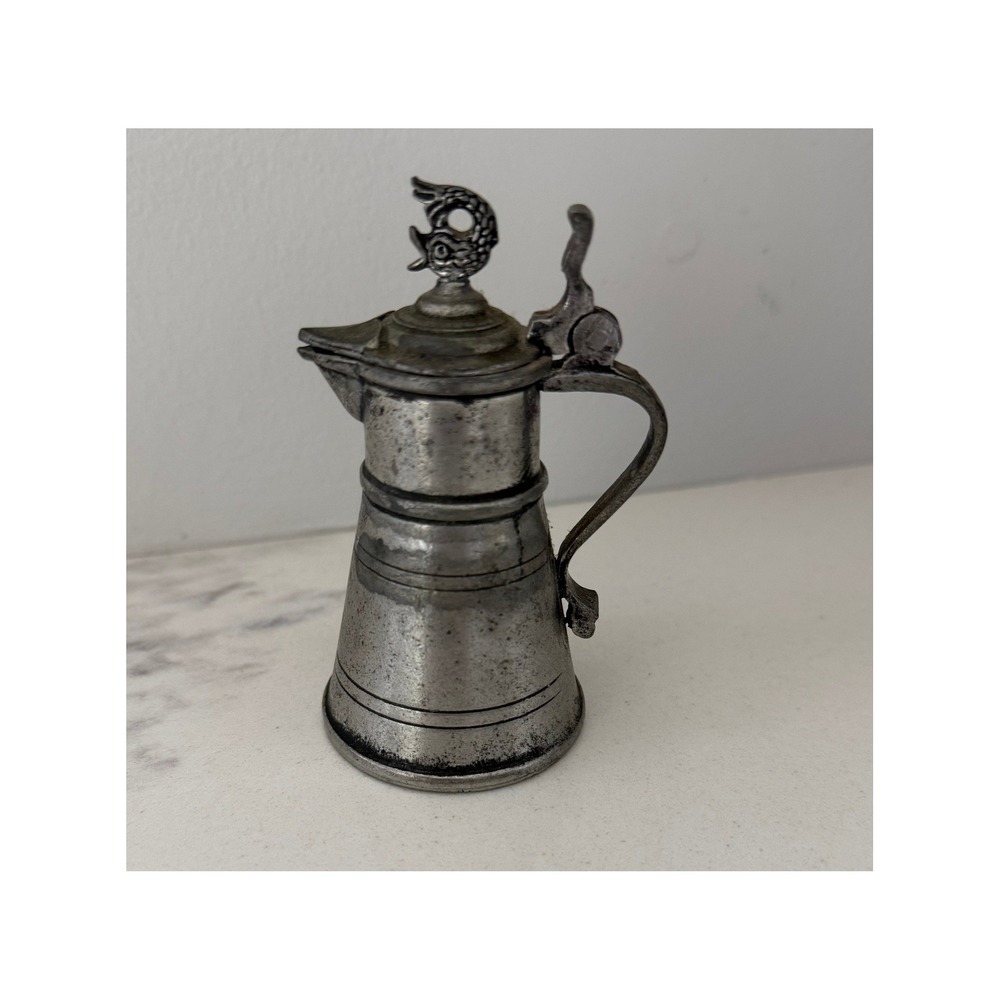 Vintage Italian Miniature Pewter Pitcher Hinged‎ Lid Fish Finial Made in Italy
